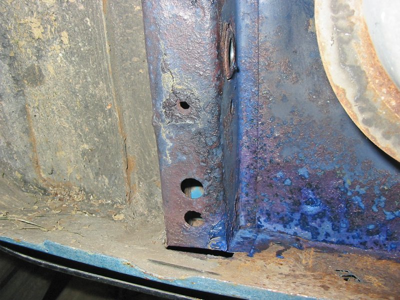 Rusty rail, but still solid Capri chassis rail with rust around drain hole coated with Kurust