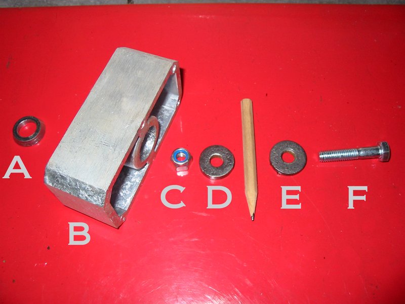 Exploded view of lowering block assembly for rear single leaf springs on Ford Capri